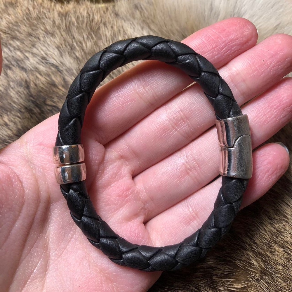 Vintage sterling silver Italian braided leather bangle bracelet